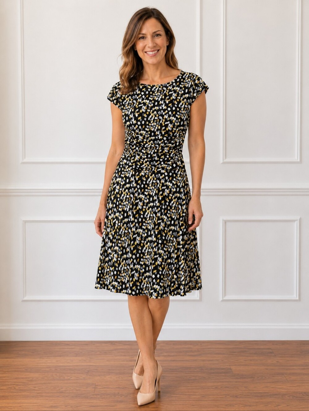 En Focus Cap-Sleeve Ruched Fit & Flare Dress Black Yellow Gray White Size 4P